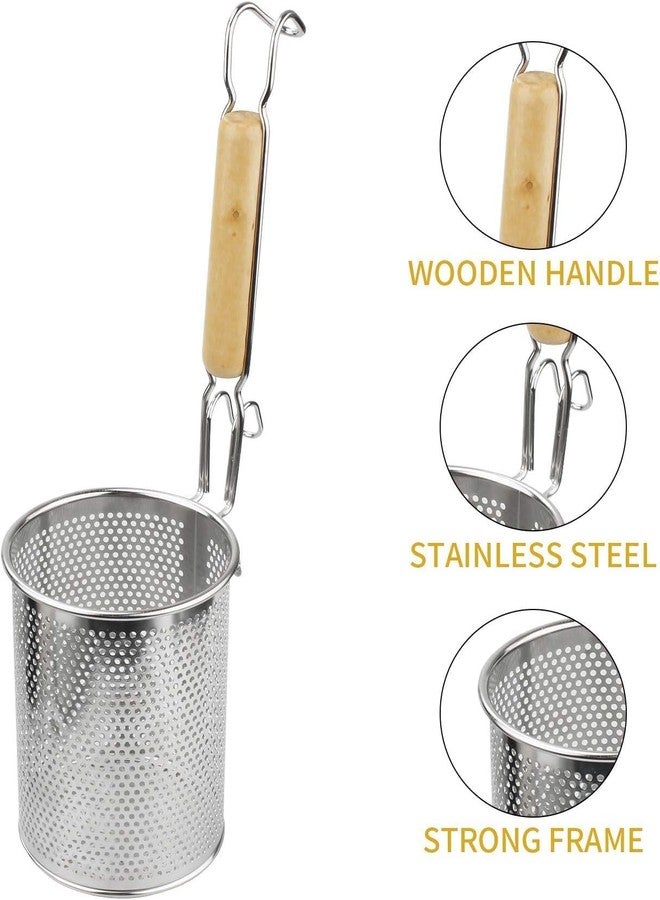 KRESHU Micro-Perforated Mesh Design with Sturdy Wooden Handle | Stainless Steel Pasta and Noodle Strainer Basket | Frying Baskets for Chips | Anti-Corrosion Spider Drainer (35.5x14x14 cm) - Silver - Image 3